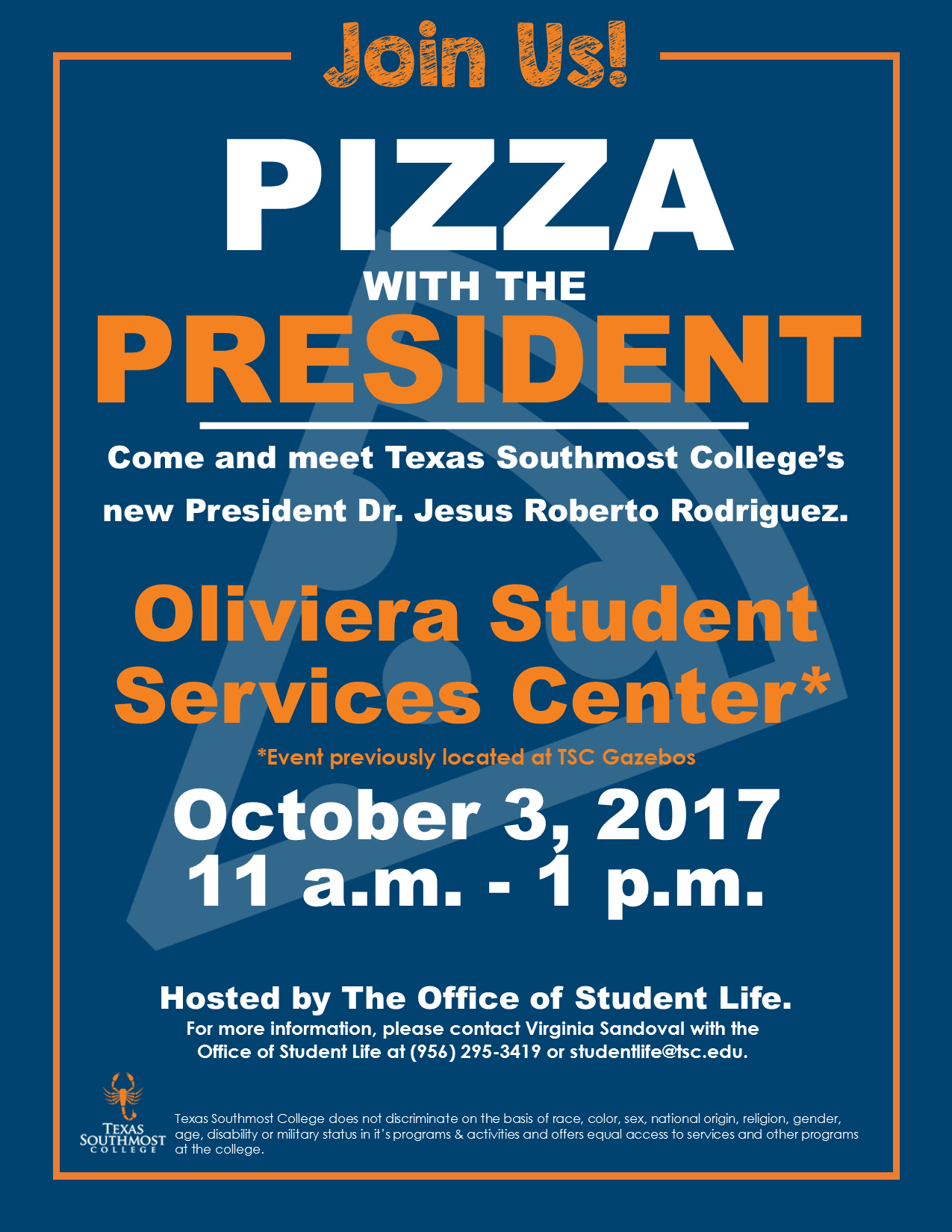 Pizza with the president, October 3, 2017, 11 am - 1 pm