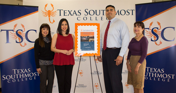 Texas Southmost College (TSC) was awarded $108,500 from the All In Internship program grant that will provide 45 TSC students with paid internships. From left, TSC All In Administrative Assistant Diana C. Rodriguez, United Way Postsecondary Success Coordinator Blanca Davila, TSC Student Life Director Armando Ponce and TSC Transfer, Career and Employment Services Coordinator Thelma Sullivan.