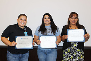 Recipients of the Office of Student Services’ inaugural Sting’em Hard Awards, from left, Tiffany Hernández, Dulce Martínez and Marisol Gutiérrez.