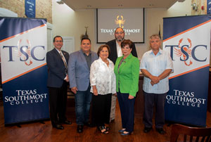 Delia Saenz was appointed to fill the vacant Place 4 position on the Texas Southmost College Board of Trustees on Aug. 1, 2019 during a special meeting held at the Gorgas Board Room at TSC in Brownsville. From left, TSC President Jesús Roberto Rodriguez, TSC Trustees J.J. de Leon Jr., Saenz, Dr. Tony Zavaleta, TSC Board Chair Adela G. Garza and TSC Board Vice Chair Ruben Herrera.