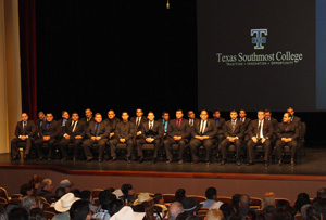 The Texas Southmost College Criminal Justice Institute’s 2015 “A” Police Academy Cadets are seated on stage at the TSC Arts Center during the graduation ceremony held on Oct. 3, 2015 at Brownsville, Texas. Twenty-two cadets graduated from TSC’s Police Academy.