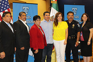 From left, Mexico Deputy Consul Sergio E. Jacobo Patiño, City of Brownsville Public Health Director Arturo Rodríguez, TSC President Lily F. Tercero, Ph.D., Raúl Alcalá, Mercedes Alcalá, City of Brownsville Police Chief Orlando Rodríguez, City of Brownsville Wellness Manager Kendra Stine during the news conference on Aug. 12, 2015 at the TSC ITECC in Brownsville.