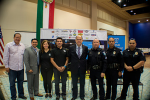 Texas Southmost College announced the second annual Raúl Alcalá Bike Ride Challenge – Gran Fondo at a news conference on Oct. 26, 2016 at the ITEC Center. From left, Bike Advocate and Organizer Fernando Martínez, TSC Interim Vice President of Student Services Alejandro Salinas, Jr., Challenge – Gran Fondo founders Mercedes Martínez and Raúl Alcalá, Mexican Consul Juan Carlos Cué Vega and representatives from the Brownsville Police Department.