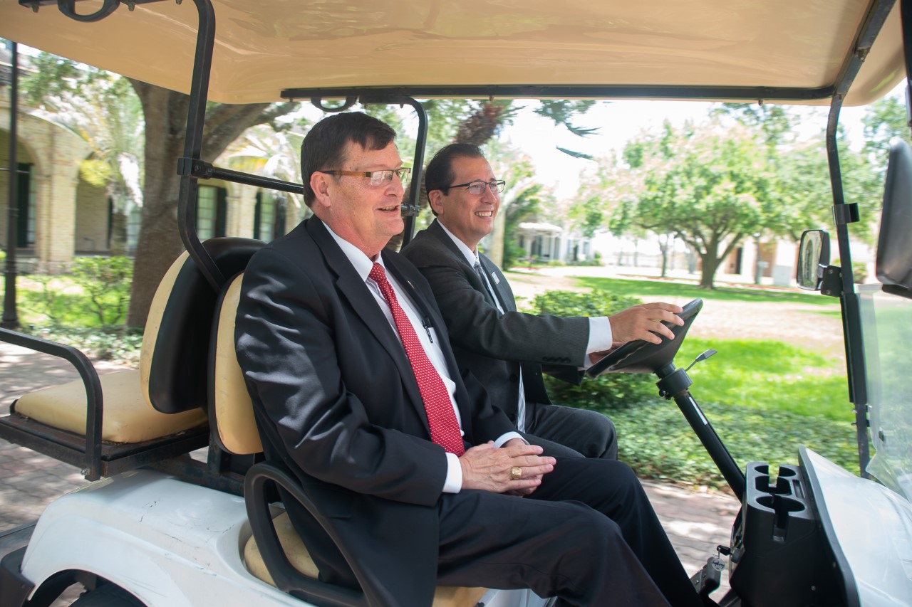 TSC President Jesús Roberto Rodríguez (right) welcomed new Texas A&M-Kingsville President Mark Hussey for a campus visit on July 29, 2019.